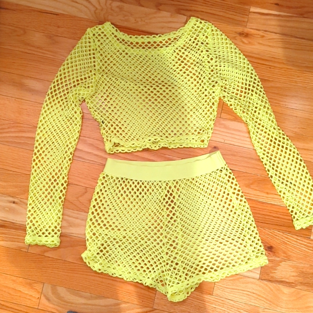 Neon yellow fishnet crop top and bottoms set